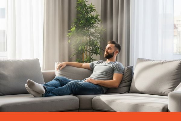 Man relaxing on his couch in is AC apartment