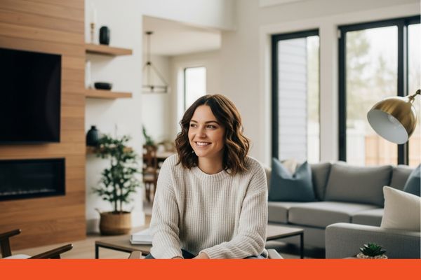 Woman sitting comfortably and smiling after a good HVAC service