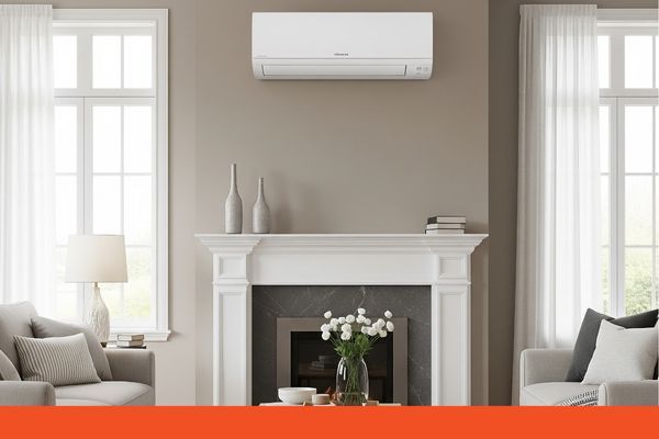 A mini split AC unit installed above a fireplace