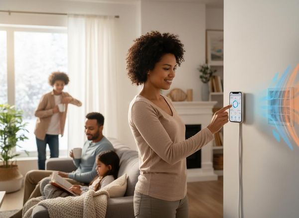 A mother adjusts a smart home thermostat on the wall, showing temperature control, while her family relaxes comfortably in the living room. Family using smart home climate control system