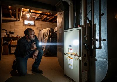 A man kneels in a dimly lit basement, shining a flashlight on an old furnace. The furnace shows signs of rust and wear, with multiple warning labels affixed to its surface. The basement has exposed brick walls, wooden ceiling beams, and various storage items. Man Inspecting Furnace with Flashlight in Basement
