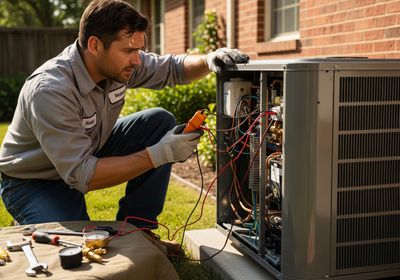 A focused HVAC technician, sweat glistening on his brow, meticulously inspects an air conditioning unit with a multimeter. He is kneeling in front of the unit, wearing gloves and a company uniform, with tools laid out on a cloth beside him. HVAC Technician Inspecting Unit