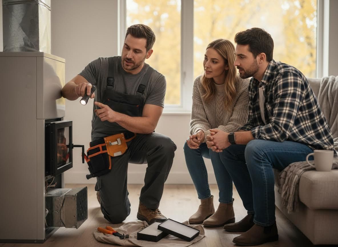 HVAC technician explaining furnace to a couple
