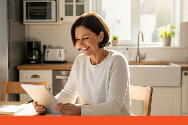 A woman looking happily at her HVAC financing document