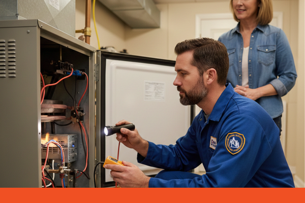 An hvac tech inspecting a furnace 
