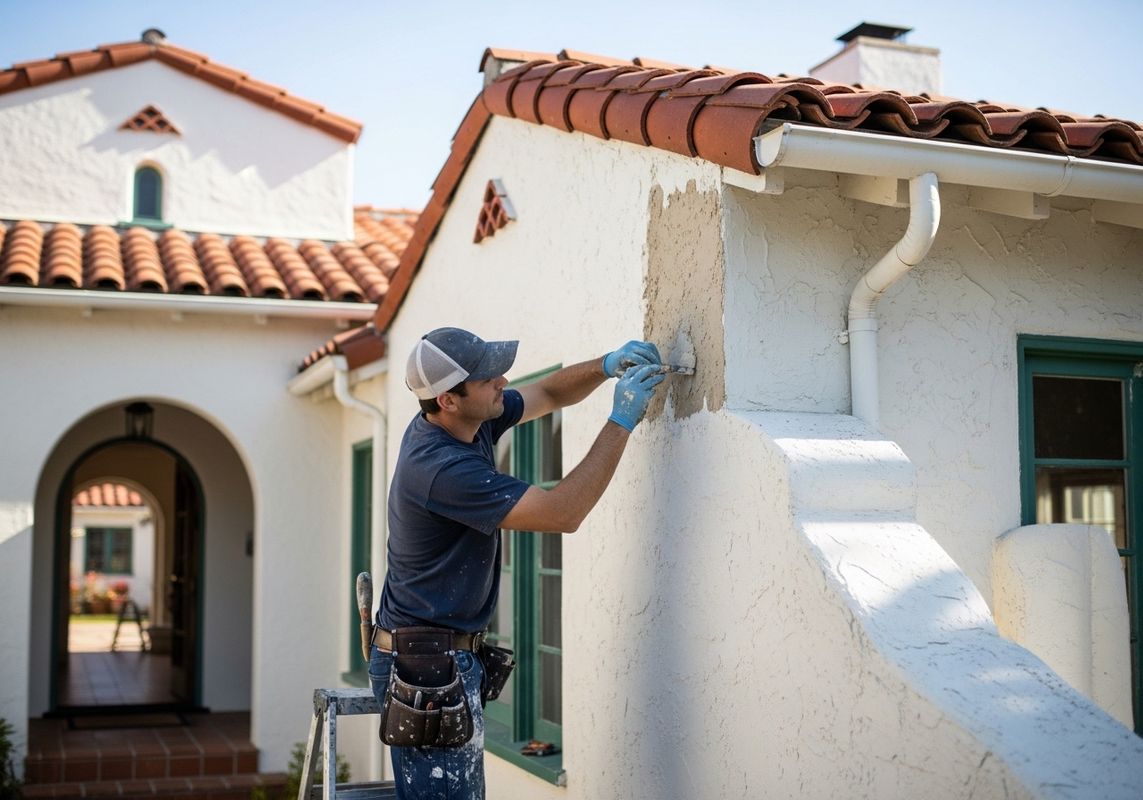 A man in a baseball cap and blue gloves applies stucco to the exterior wall of a white stucco house, standing on a ladder with his tool belt visible. The house features a terracotta tile roof and arched entryway, with a clear blue sky in the background. Home repair specialist applying stucco to a house exterior