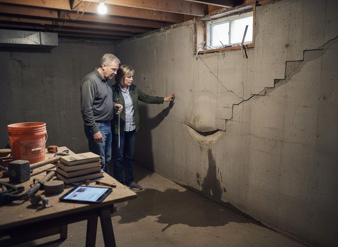 Couple inspecting severe foundation cracks in basement