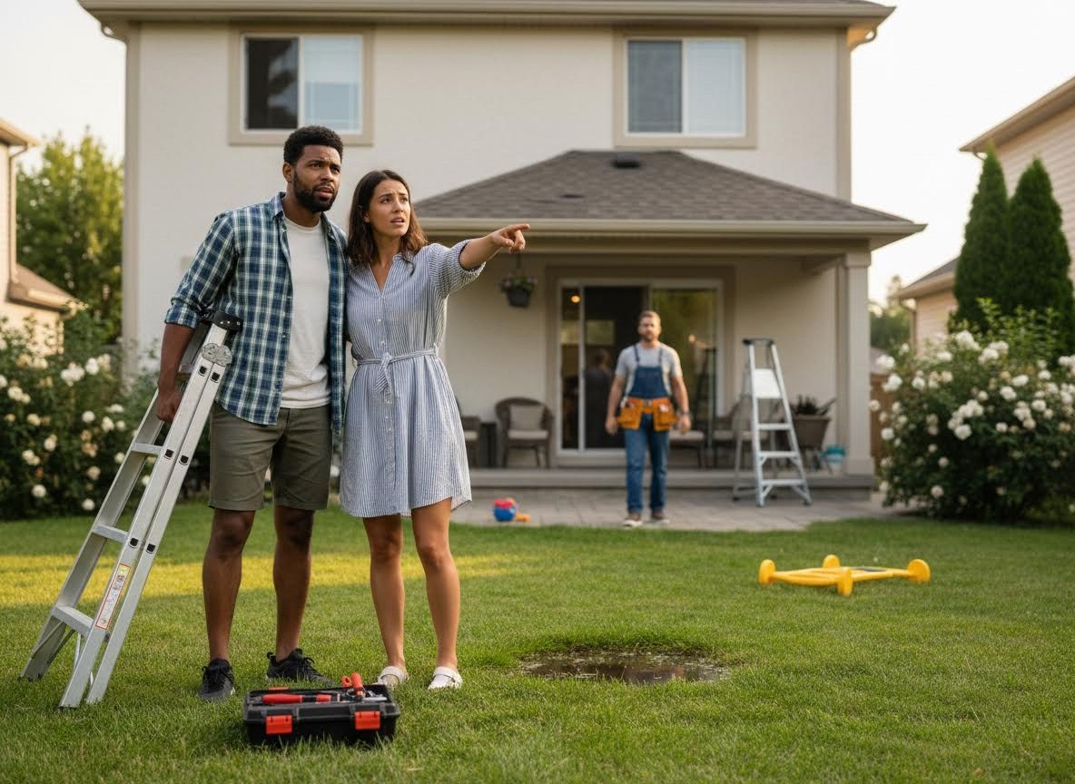 Couple pointing at their house with a handyman nearby