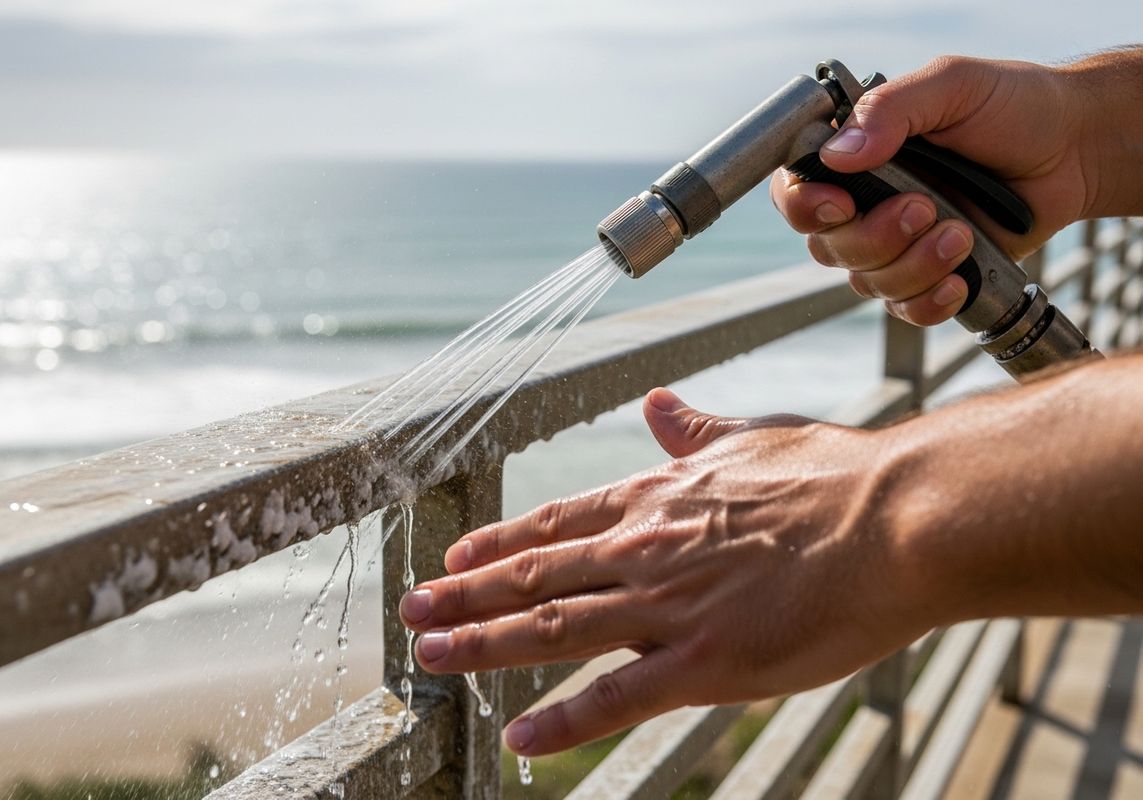 Hand washing railing with water hose