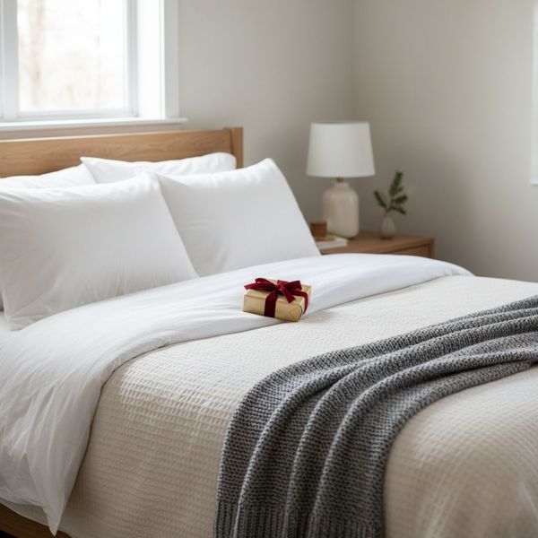 guest bedroom ready with gift on bed