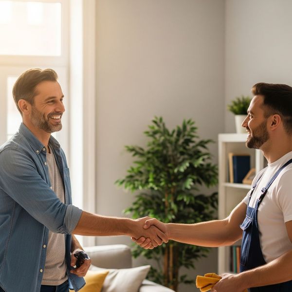 A satisfied customer and a professional handyman shaking hands after a successful home repair.