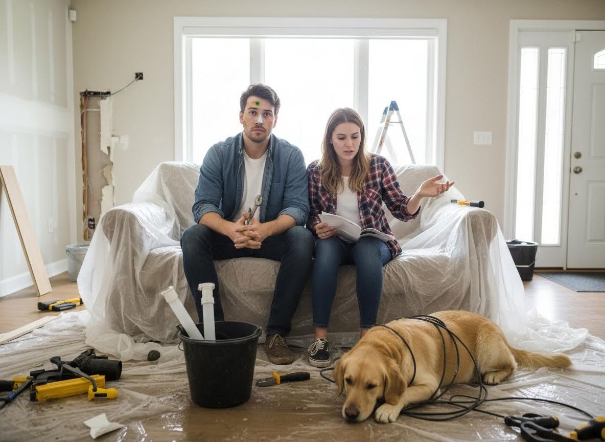 Overwhelmed Couple and Dog During Home Renovation