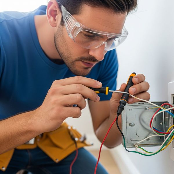 A professional focusing on safety while working on a home electrical system.