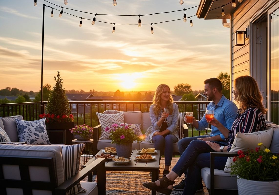 Three friends are enjoying cocktails together on a cozy, well-decorated patio at sunset. String lights hang overhead, and a variety of plants and pillows add to the welcoming atmosphere as the friends sit around a small table with drinks and appetizers. The setting sun creates a warm and inviting glow. Friends enjoying cocktails on a patio at sunset