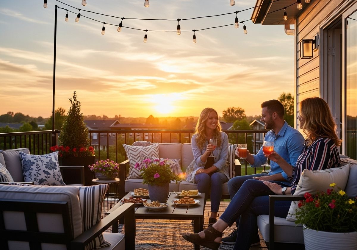 Friends enjoying cocktails on a patio at sunset