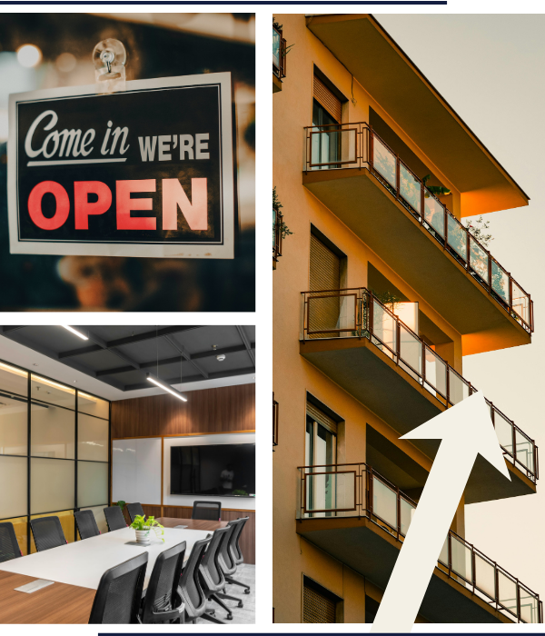 office, apartment complex, and open sign