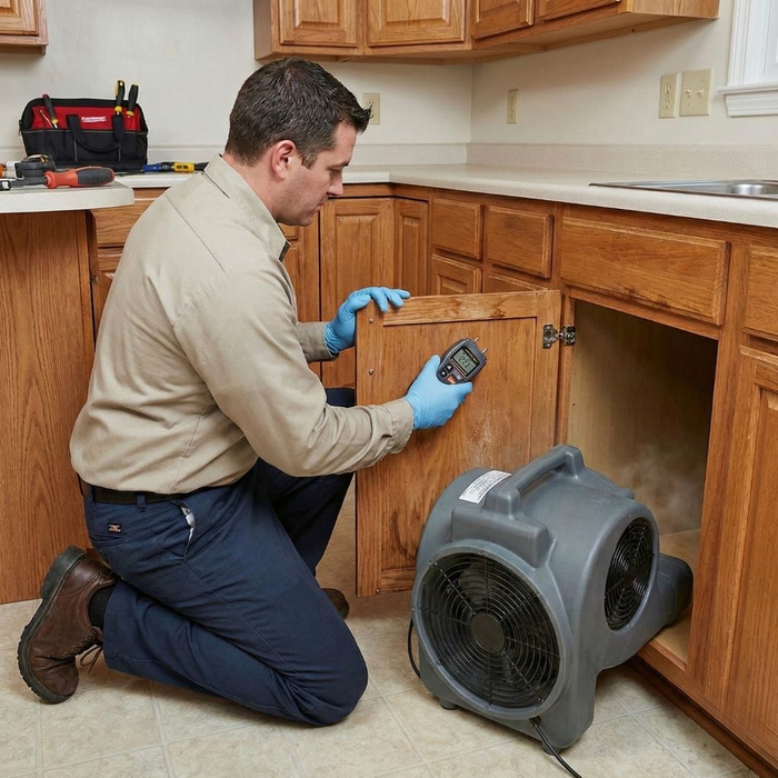 Restoration specialist using a moisture meter to assess water saturation on a kitchen cabinet door next to an air mover.