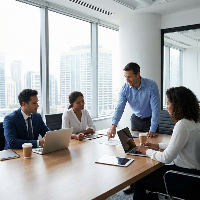 Four business professionals in a modern conference room discussing plans around a table with laptops and tablets.