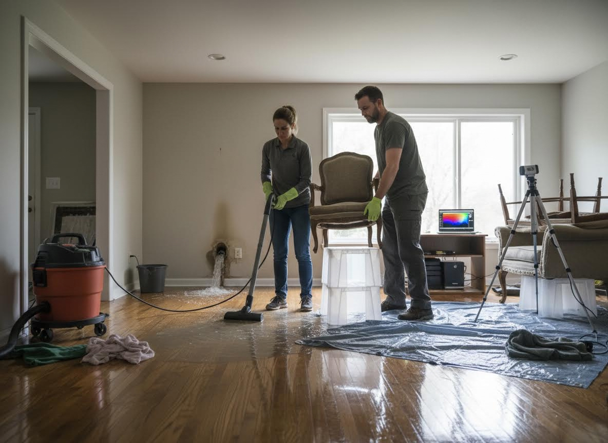 Couple cleaning up a flooded room