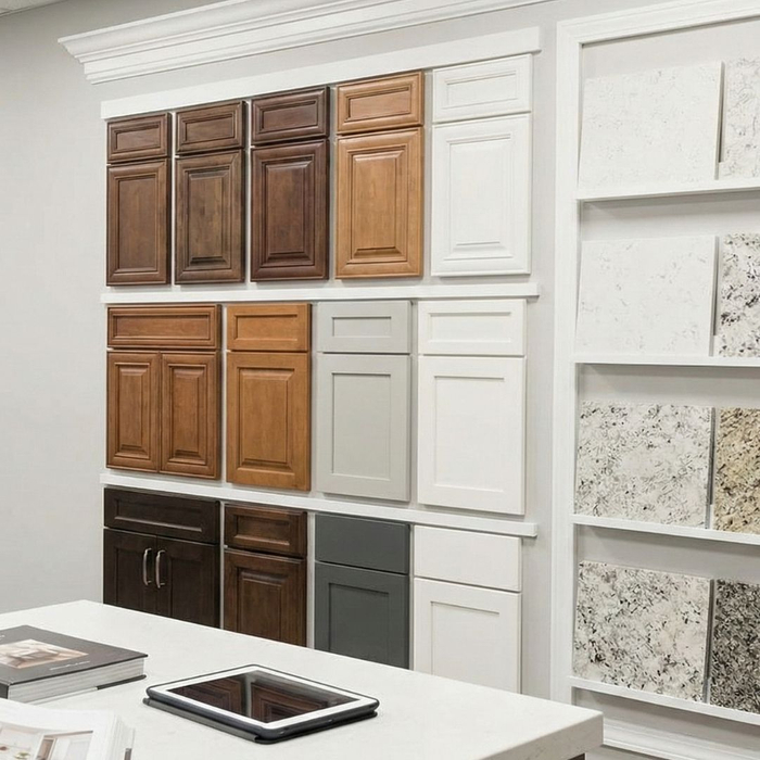 Professional design center display showing a diverse selection of premium cabinet finishes and stone countertop samples.