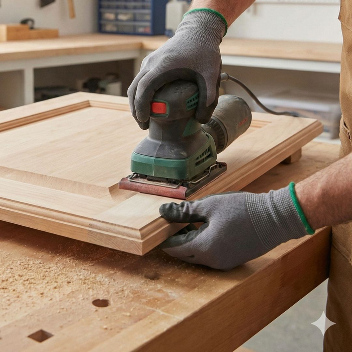 Craftsman using an orbital sander to carefully prepare a wooden cabinet door for refinishing in a professional workshop.