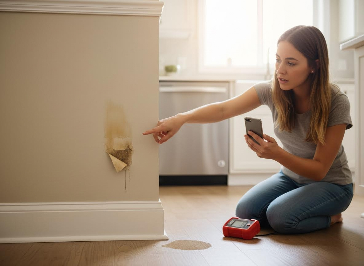 Woman Inspecting Wall Water Damage