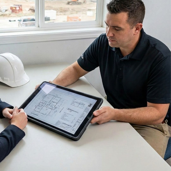 Two people reviewing architectural blueprints displayed on a large tablet, with a white hard hat on the desk.