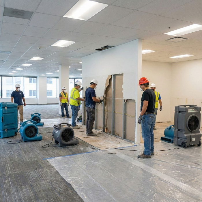 Construction workers using industrial fans and dehumidifiers to dry out a large commercial office space with damaged walls.