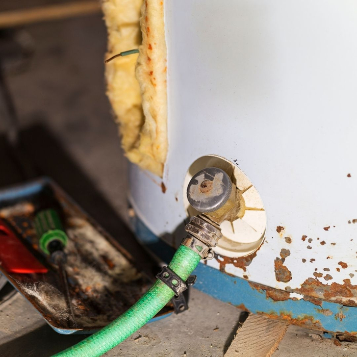 An image of a hose hooked to a water heater to flush it. An image of a hose hooked to a water heater to flush it.