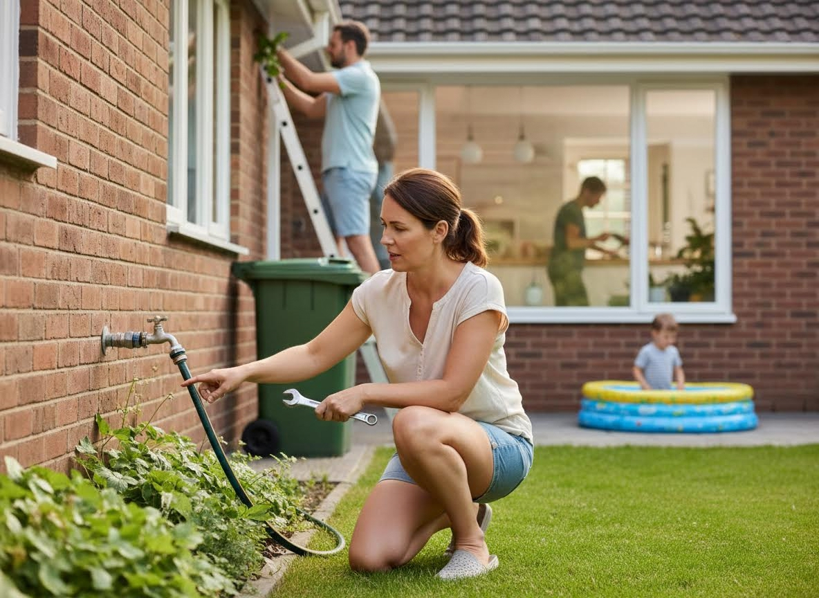 Family working and playing in their backyard