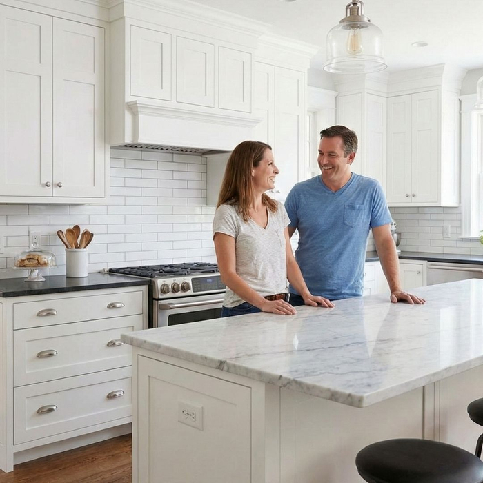 Happy couple standing in a beautifully restored modern kitchen featuring bright white cabinetry and a marble island.