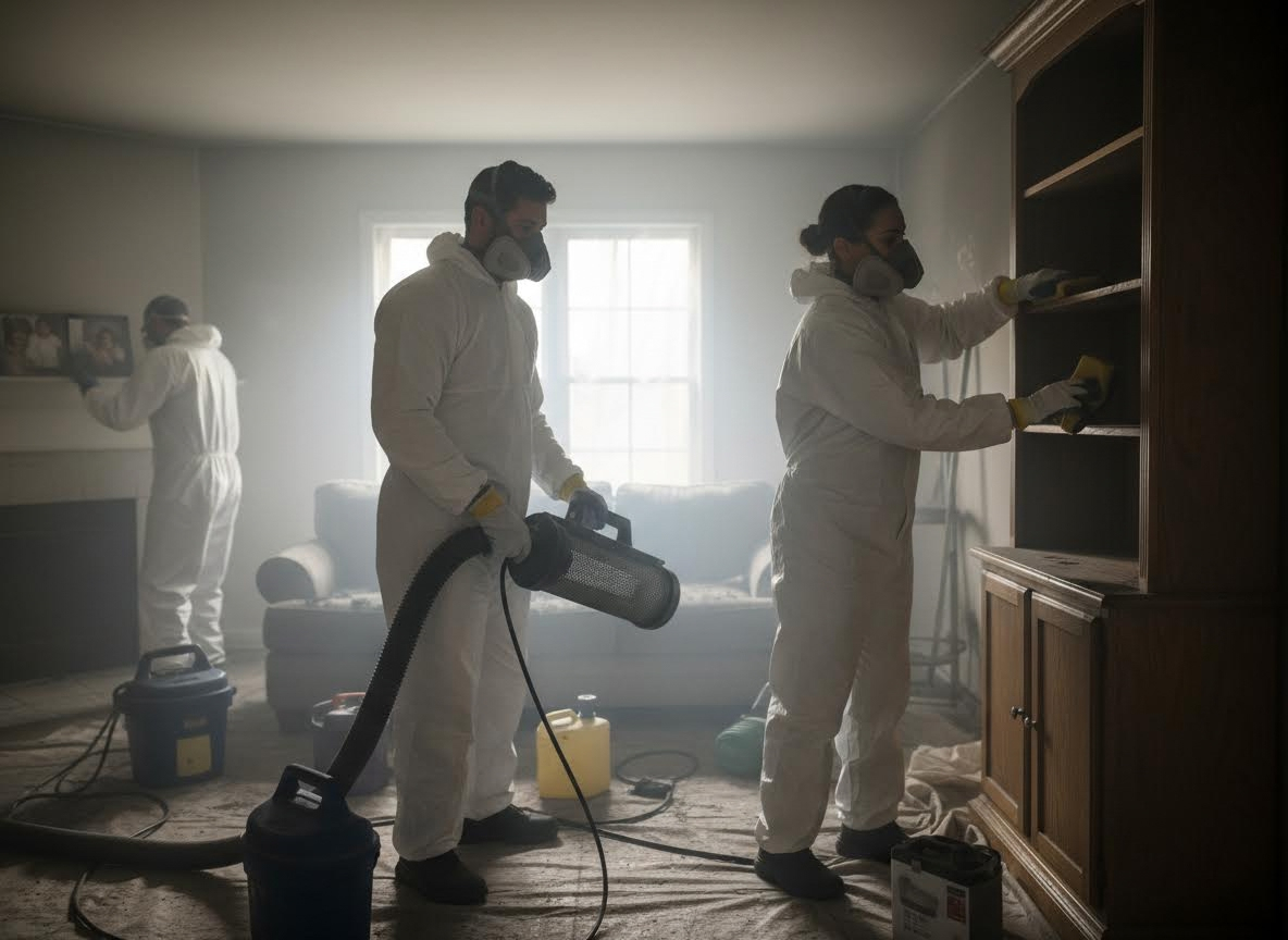Professionals in Hazmat Suits Cleaning a Smoke-Filled Room