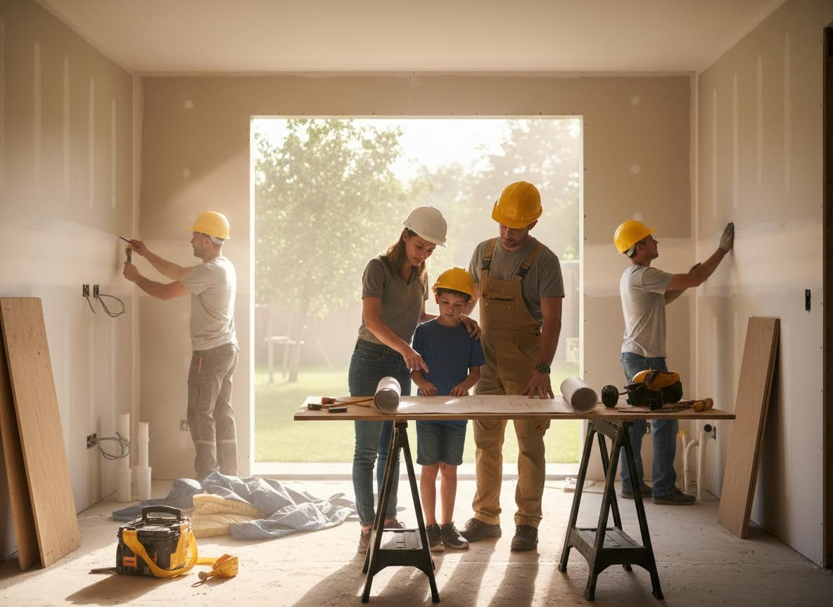 Family and construction crew reviewing renovation plans