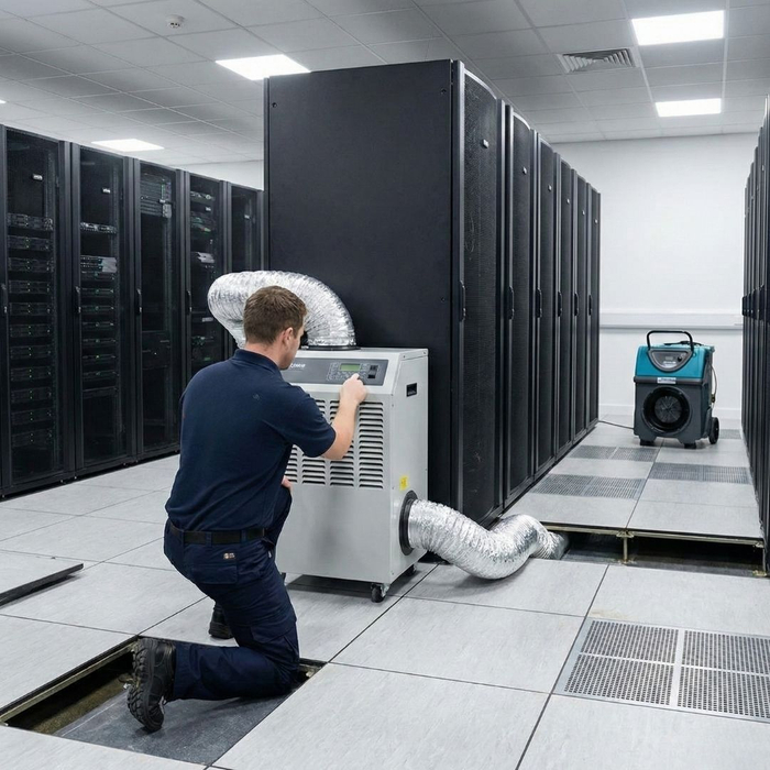A technician adjusting a portable cooling or drying unit with a duct in a server room filled with data racks.
