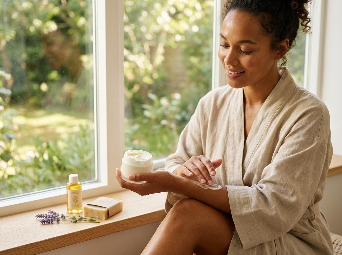 Woman applying natural body cream by window