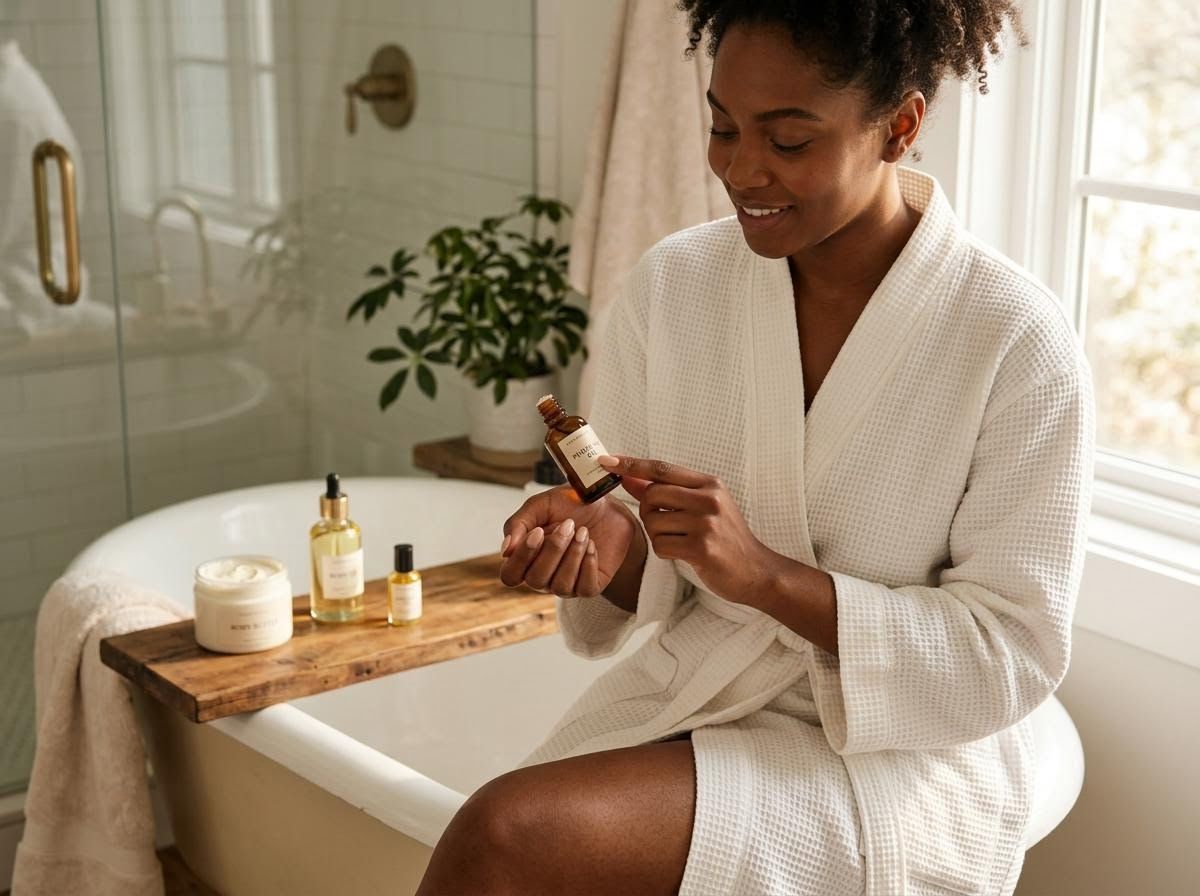 Woman applying body oil during a self-care routine