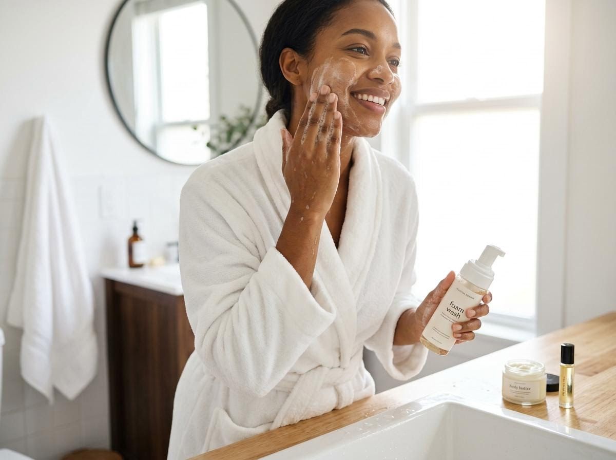 Woman in bathrobe washing face with foam cleanser