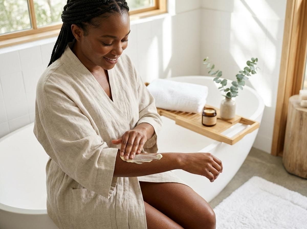 Smiling Black woman applying body lotion in bathroom