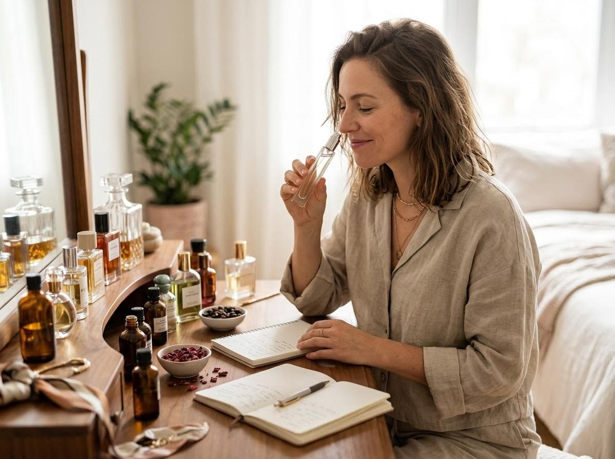 Woman smelling perfume at a vanity with fragrance collection