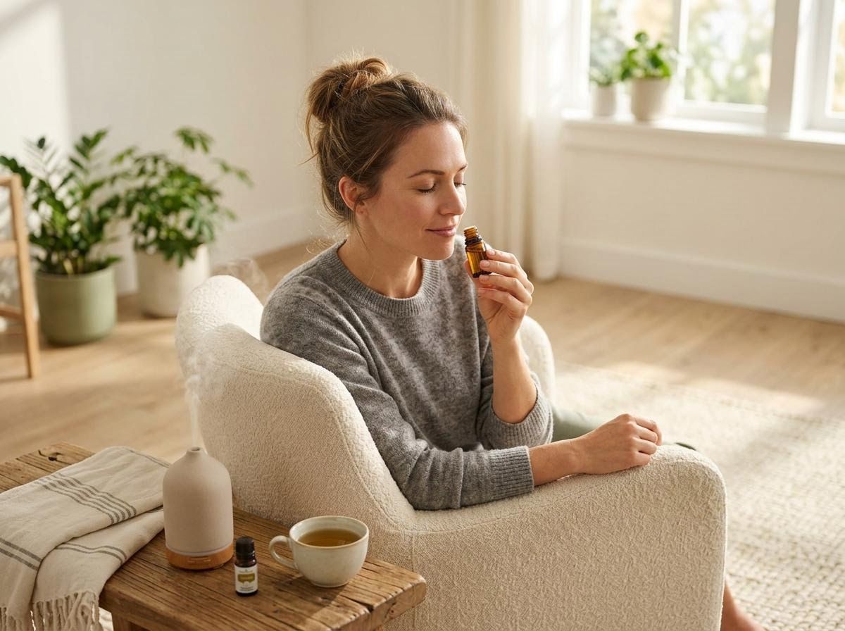 Woman Smelling Essential Oil with Diffuser in Cozy Room