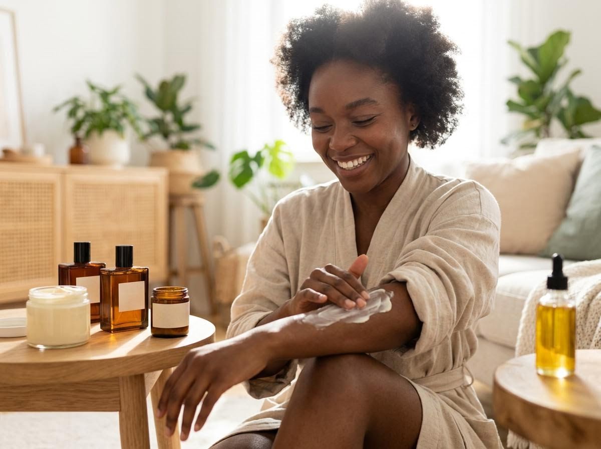 Smiling Woman Applying Body Lotion