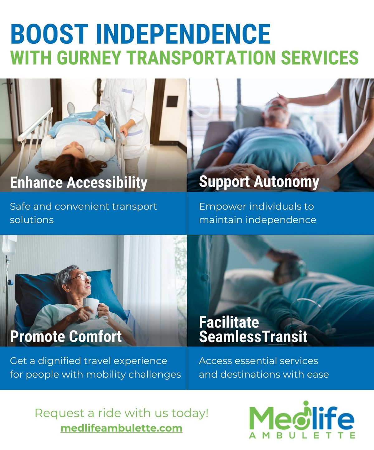 an infographic about boosting independence with gurney transportation services