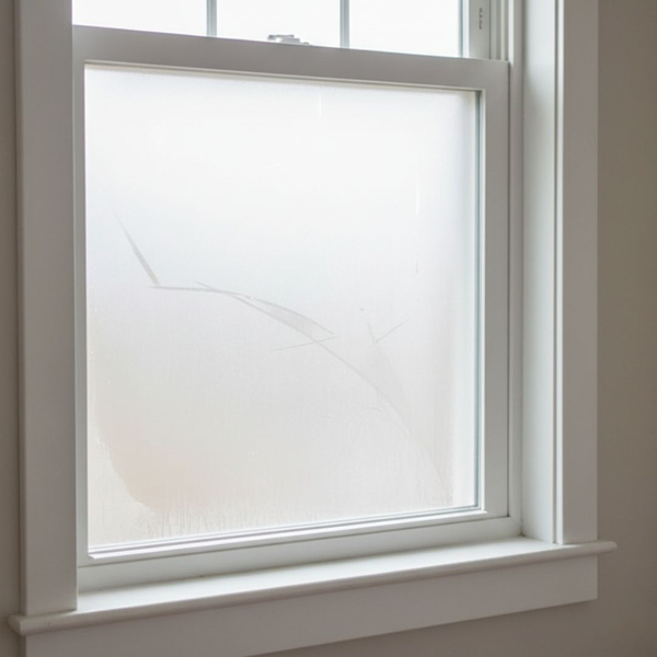 A close-up of a new white double-pane window frame showing a worn seal, causing condensation.