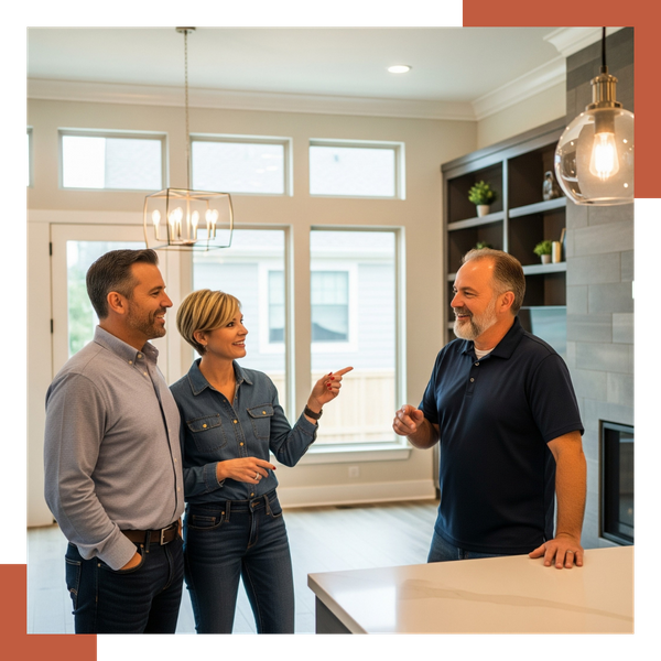 happy homeowners talking to a contractor about their finished home renovation happy homeowners talking to a contractor about their finished home renovation