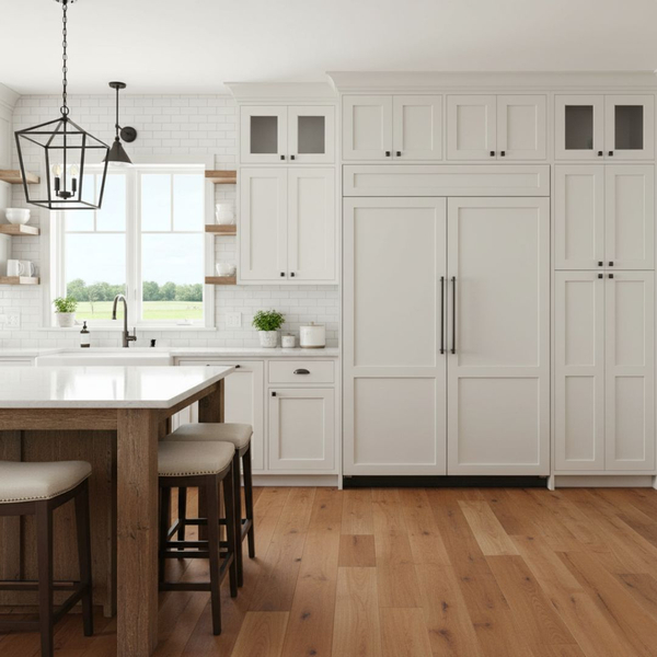 Transitional white kitchen with a built-in paneled refrigerator, glass-front upper cabinets, a wood-base island, and a black geometric pendant light fixture.