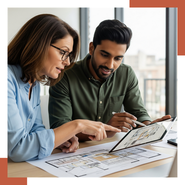 A homeowner and a professional designer collaborating over architectural plans A homeowner and a professional designer collaborating over architectural plans
