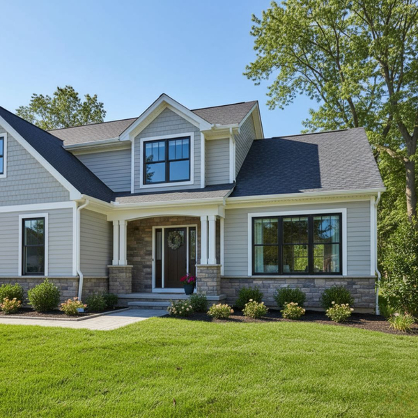A front exterior view of a modern house with recently installed, clean windows and manicured landscaping.