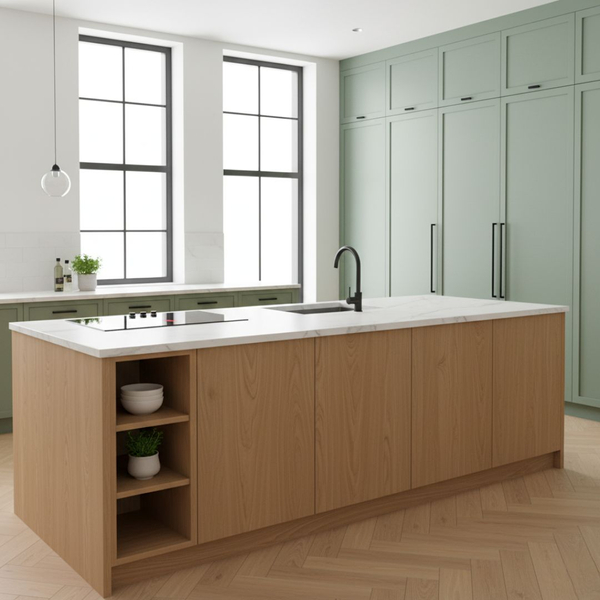 Modern kitchen with mint green full-height cabinets, a large white countertop island, and a natural wood base.