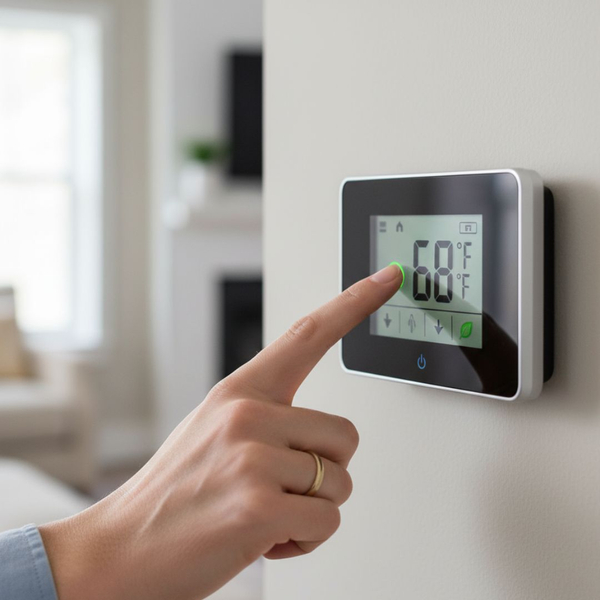 A hand adjusting a modern smart thermostat displaying a low temperature, indicating energy savings.