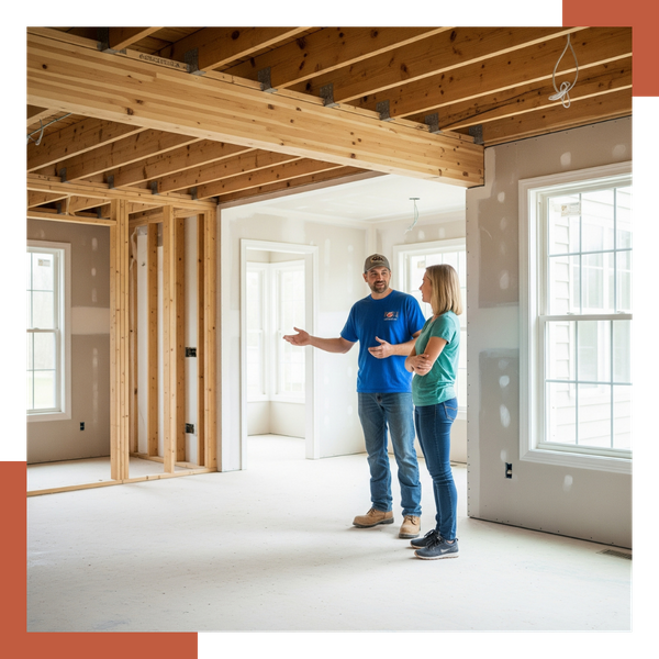 a homeowner talking to a contractor about a living room renovation in progress